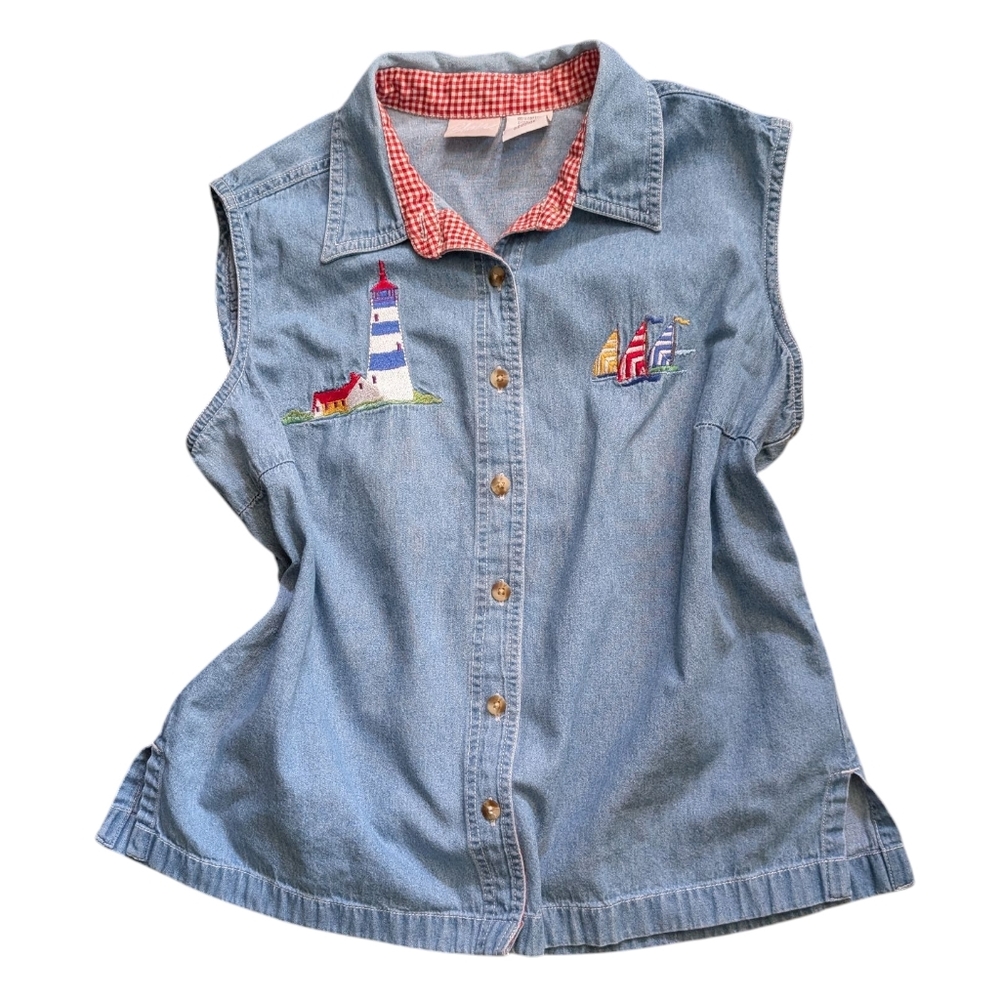 Vintage Blair Women's Denim Sleeveless‎ Shirt Lighthouse Sailboat Embroidery L